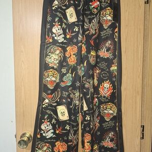 Ed Hardy Embroidered Black Graphic Pants